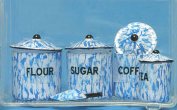 Dollhouse Miniature Flour, Sugar, Coffee, Tea Canister Set with Scoop, Flow Blue